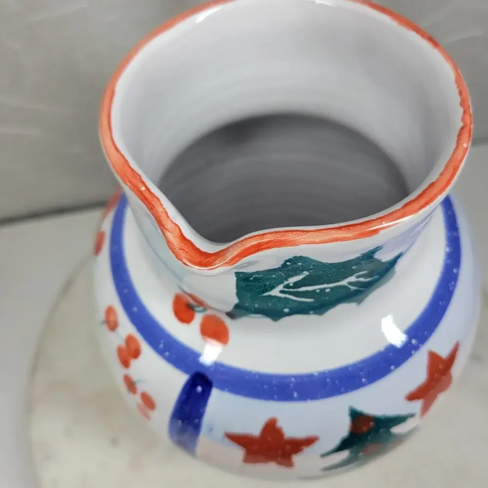 Pier 1 Italian Ceramic Pitcher Hand Painted Christmas Trees Floral Stars